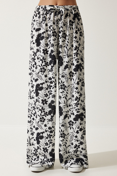 Happiness İstanbul Dámské bílé vzorované splývavé viskózové kalhoty Palazzo EN00606