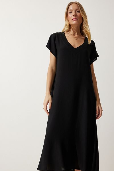Happiness İstanbul Schwarzes Sommerkleid aus fließender Viskose mit V-Ausschnitt für Damen EN00612