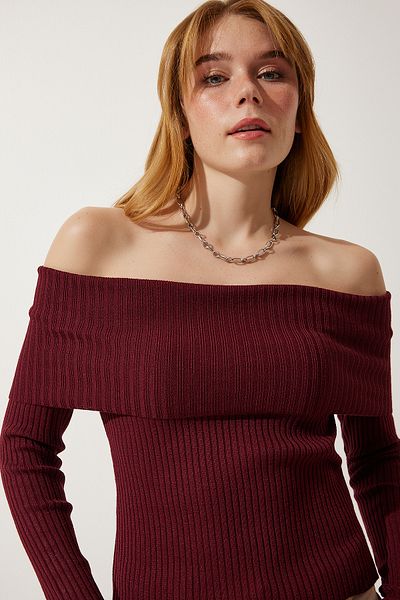 Happiness İstanbul Burgunderroter Strickpullover für Damen mit Madonna-Kragen FN03180