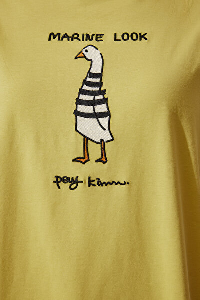 Happiness İstanbul Damska koszulka z dzianiny typu oversize, haftowana w kolorze oliwkowej zieleni NJ00140