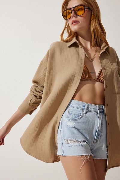 Happiness İstanbul Beiges Oversize-Musselin-Shirt mit Taschen für Damen MX00150