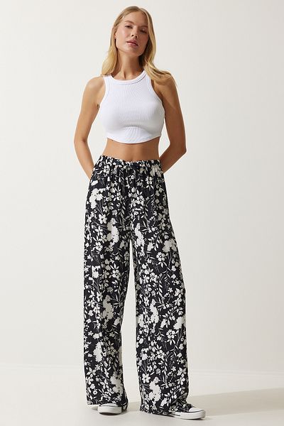 Happiness İstanbul Women's Black Patterned Flowing Viscose Palazzo Trousers EN00606