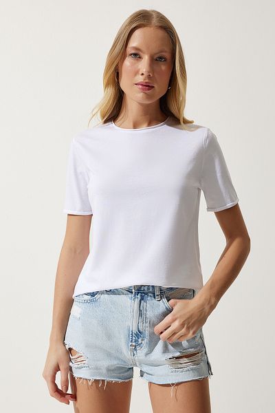 Happiness İstanbul Damski 2-pak podstawowych, dzianinowych T-shirtów z białymi taupe i okrągłym dekoltem UB00238