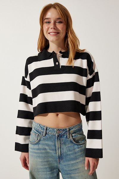 Happiness İstanbul Pulover de damă alb-negru, elegant, cu guler cu nasturi, tricotat cu dungi BV00115