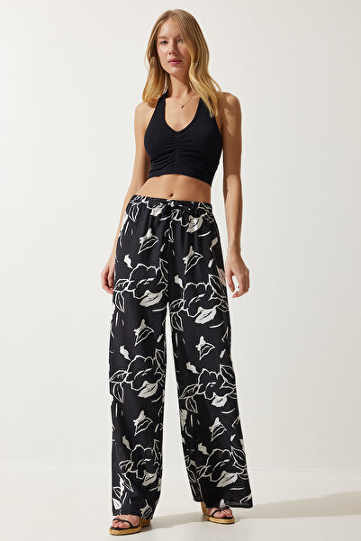 Happiness İstanbul Dámské zářivé černé vzorované splývavé viskózové kalhoty Palazzo EN00606