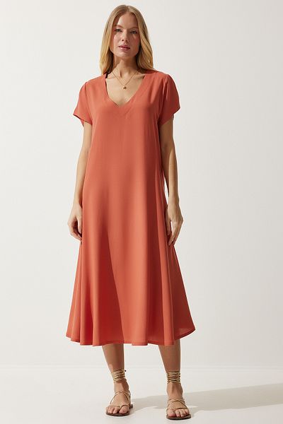 Happiness İstanbul Oranges Sommerkleid aus fließender Viskose mit V-Ausschnitt für Damen EN00612