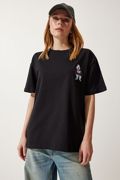 Happiness İstanbul Women's Black Crew Neck Embroidered Oversize Knitted T-Shirt NJ00142