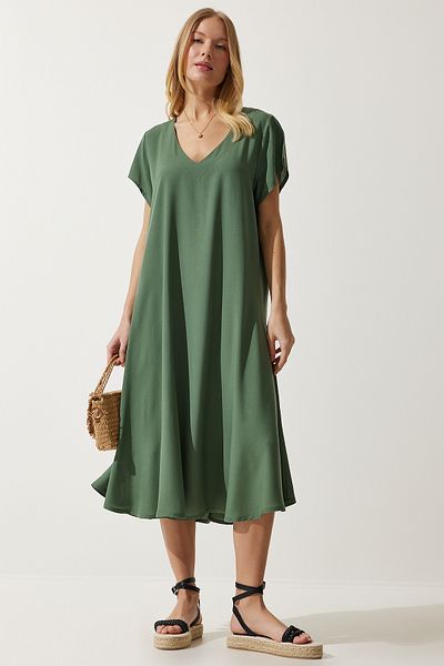 Happiness İstanbul Khakifarbenes Sommerkleid aus fließender Viskose mit V-Ausschnitt für Damen EN00612