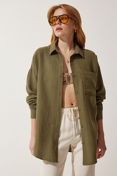 Happiness İstanbul Khakifarbenes Oversize-Musselin-Hemd mit Taschen für Damen MX00150