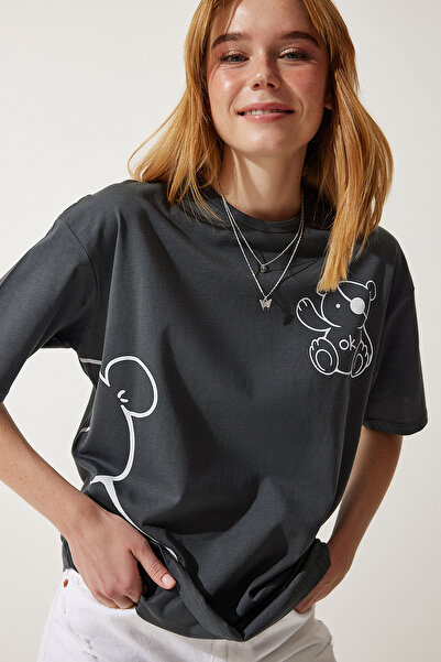 Happiness İstanbul Dámské oversize pletené tričko s antracitovým potiskem HF00457