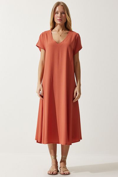 Happiness İstanbul Oranges Sommerkleid aus fließender Viskose mit V-Ausschnitt für Damen EN00612
