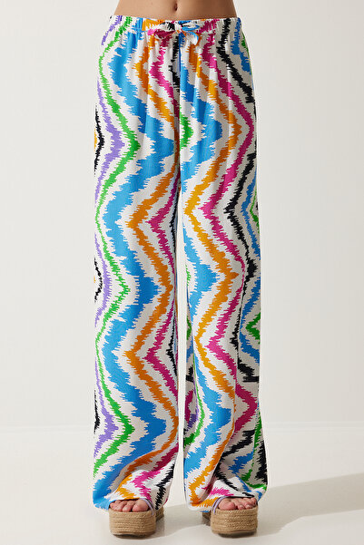 Happiness İstanbul Dámské bílé modré vzorované splývavé viskózové kalhoty Palazzo EN00606