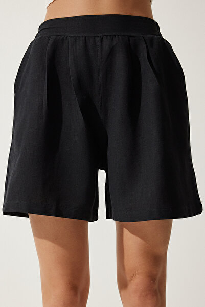 Happiness İstanbul Kadın Siyah Cepli Keten Şort MC00276