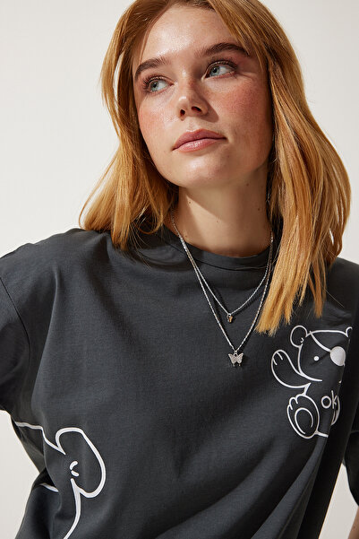 Happiness İstanbul Dámské oversize pletené tričko s antracitovým potiskem HF00457