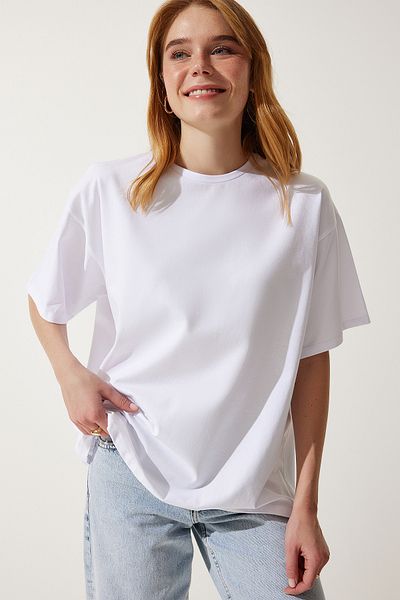 Happiness İstanbul Weißes Basic-Strick-T-Shirt für Damen HW00007