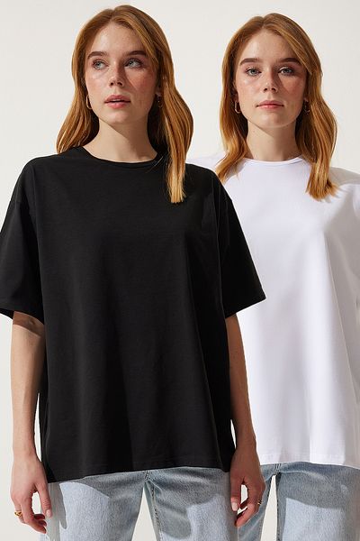 Happiness İstanbul Dámská černá a bílá základní oversize 2dílná sada pleteného trička HW00008