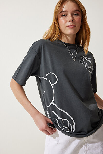 Happiness İstanbul Dámské oversize pletené tričko s antracitovým potiskem HF00457