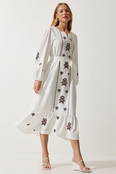 Happiness İstanbul Ecrufarbenes, besticktes, langes, gewebtes Kleid aus Leinen für Damen, RG00017