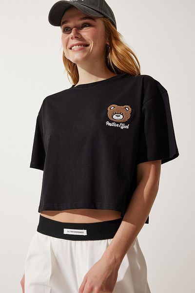 Happiness İstanbul Women's Black Teddy Bear Embroidered Crop Knitted T-Shirt HF00456