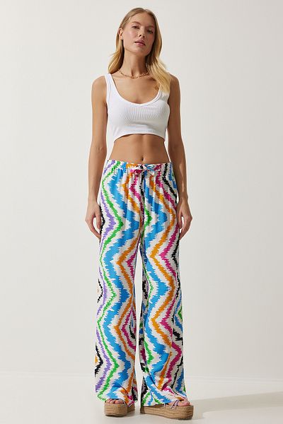 Happiness İstanbul Weiß-blau gemusterte Palazzo-Hose aus fließender Viskose für Damen EN00606