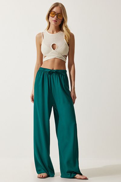 Happiness İstanbul Smaragdgrüne Palazzo-Hose aus Viskose für Damen im Sommer EN00610