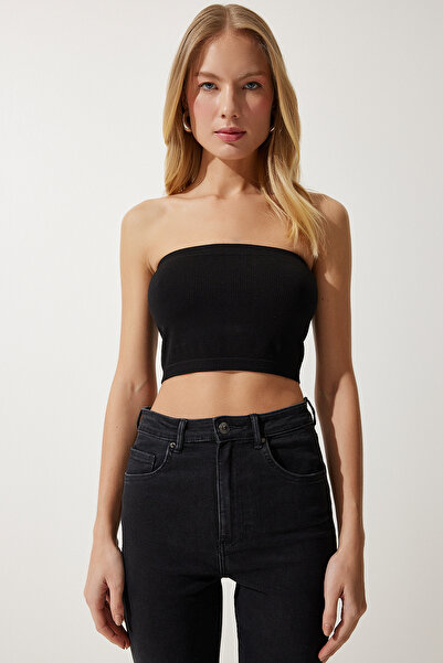 Happiness İstanbul Dámské černé žebrované pletené bustier bez ramínek UB00231