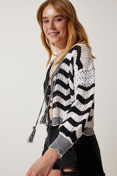Happiness İstanbul Women's Cream Black Striped Seasonal Knitted Cardigan MW00148