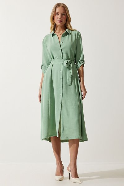 Happiness İstanbul Rochie cămașă cu centură verde pentru femei DD01256
