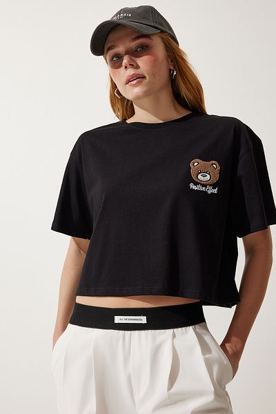 Happiness İstanbul Women's Black Teddy Bear Embroidered Crop Knitted T-Shirt HF00456