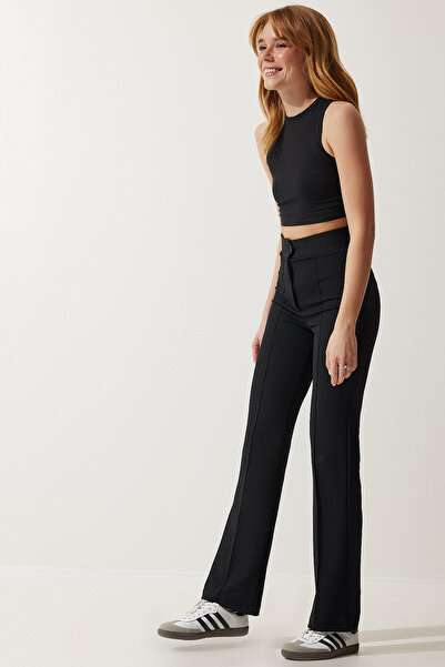 Happiness İstanbul Kadın Siyah Yüksek Bel Likralı Rahat Örme Pantolon RV00090