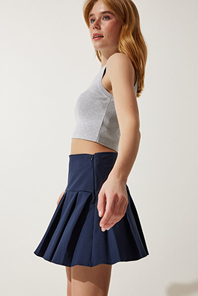 Happiness İstanbul Női sötétkék rakott mini szőtt szoknya RV00158