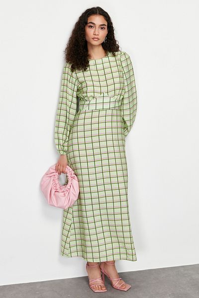 Trendyol Modest Zelené kostkované / kárované tkané šaty TCTSS24EB00135