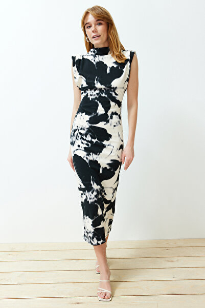 Trendyol Collection Multi-Colored Floral Stand Collar Padded Bodycone/Body-Fitting Knitted Maxi Pencil Dress TWOSS24EL00841