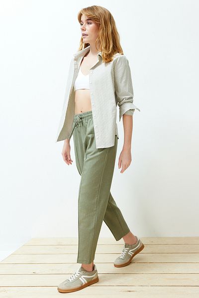 Trendyol Collection Khaki Elastic Waist Pull on Linen Blend Woven Pants Twoss24Pl00144