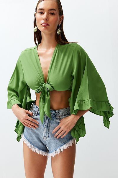 Trendyol Collection Green Crop szőtt nyakkendős strandblúz TBESS19BB0095