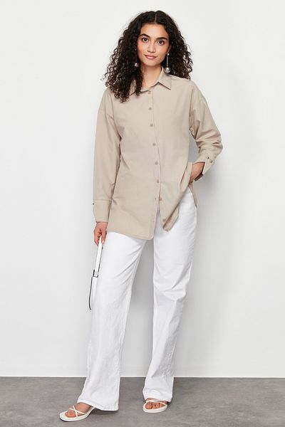 Trendyol Modest Bézs mandzsetta részletes szőtt ing TCTSS24TG00052