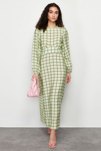 Trendyol Modest Zelené kostkované / kárované tkané šaty TCTSS24EB00135