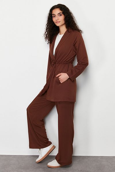 Trendyol Modest Brown Belted Pocket Detailed Knitted Top and Bottom Set TCTSS24US00042