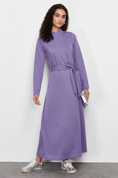 Trendyol Modest Állványgallér, lila kötött ruha - öves, TCTSS24EB00122