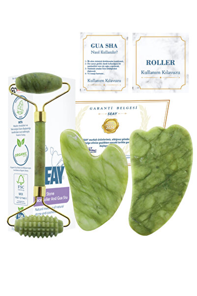 Seay Yeşim Tırtıklı Roller Ve 2'li Guasha Seti Yüz Masaj Aleti Takımı Masaj Seti Doğal Taş Sertifikalı