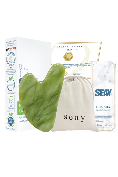 Seay Yeşim Taşı Kalp Gua Sha Keseli Yüz Masaj Aleti Doğal Taş Sertifikalı