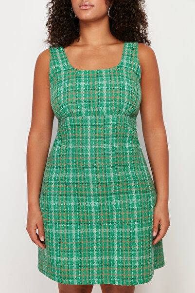 Trendyol Curve Πράσινο Φόρεμα Tweed Woven Plus Size