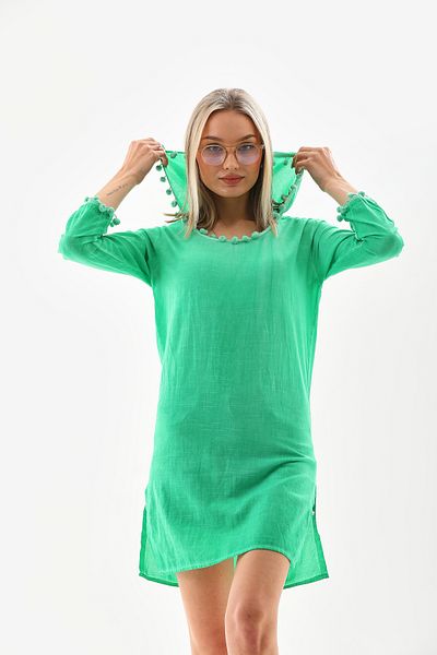 MaxiMor Women's Green Color Long Sleeve Beach Tunic Hooded Cotton Cover