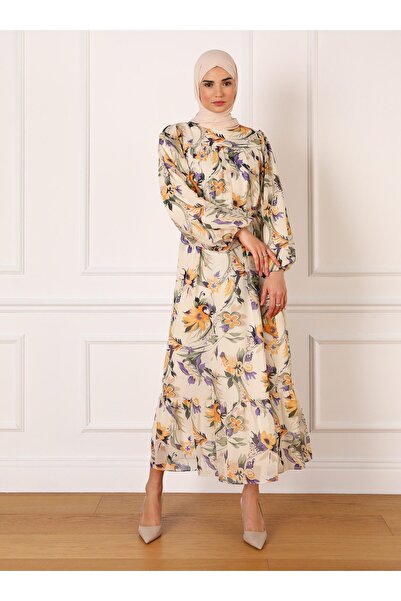 Refka Full Lined Balloon Sleeve Floral Patterned Chiffon Hijab Dress - Purple Yellow - Refka