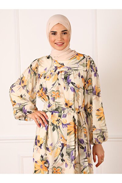 Refka Full Lined Balloon Sleeve Floral Patterned Chiffon Hijab Dress - Purple Yellow - Refka