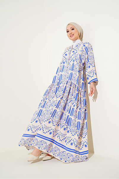 Bigdart 2423 Otantik Desenli Elbise - Krem
