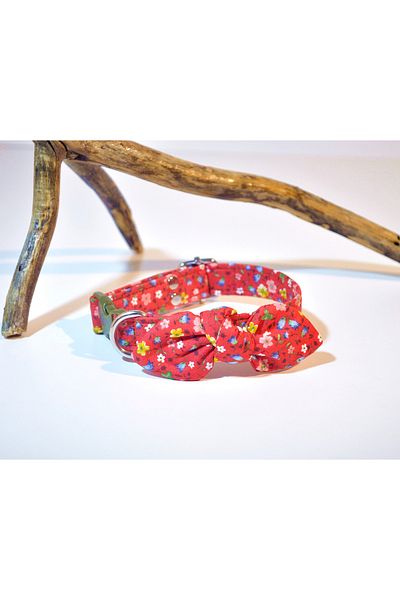 minart design Red Tiny Colorful Floral Bow Detailed Small Breed Neck Collar, Cat Collar