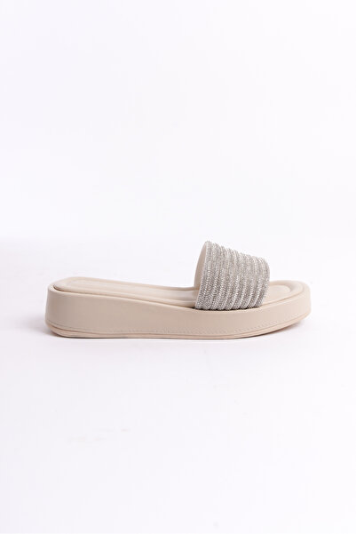 ZİESCE Γυναικείες παντόφλες με ψηλή σόλα με μπεζ ασημί πέτρα με επίπεδη σφήνα