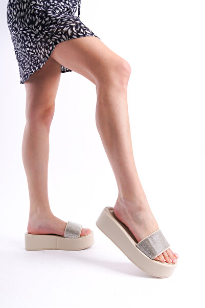 ZİESCE Women's Beige Silver Stone Flat Wedge Heeled High Sole Slippers