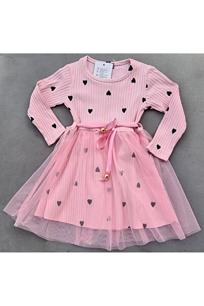 KAMİKAM Bayramlık Kalp Baskılı Tüllü Pamuklu Kız Elbisesi (KÜÇÜK KALIP 1-2 BE...